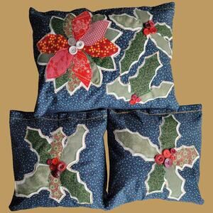 Hand-Made Vintage Fabric Applique Holiday Poinsettia & Holly Pillows
